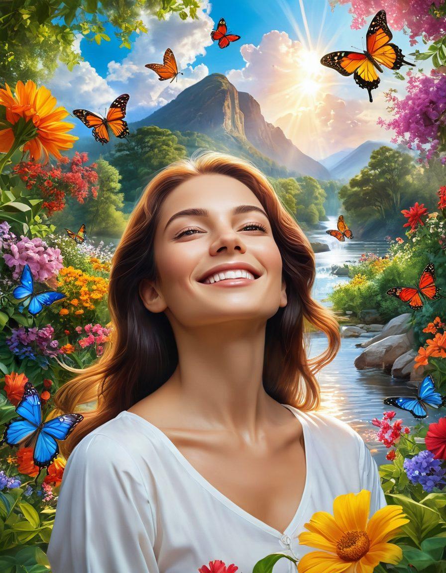 A serene and vibrant landscape depicting a joyful woman, Lana, surrounded by colorful flowers and butterflies, with a radiant sun illuminating her blissful expression. In the background, hints of nature's beauty showcase a flowing river and lush greenery, symbolizing peace and happiness. Include soft, swirling clouds to enhance the dreamy atmosphere. super-realistic. vibrant colors. white background.