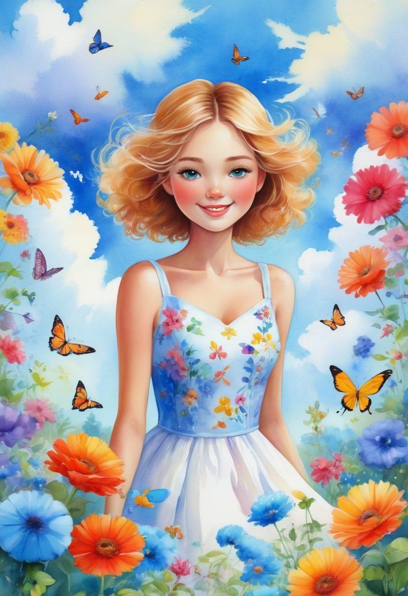 A vibrant, whimsical garden scene with colorful flowers in full bloom, depicting a sunny day with a gentle breeze. In the center, a figure resembling Lana, radiating happiness, surrounded by playful butterflies and cheerful birds. The background features a bright blue sky with fluffy white clouds, symbolizing joy and positivity. Use bright, saturated colors to evoke a sense of cheerfulness. watercolor. vibrant colors. whimsical style.