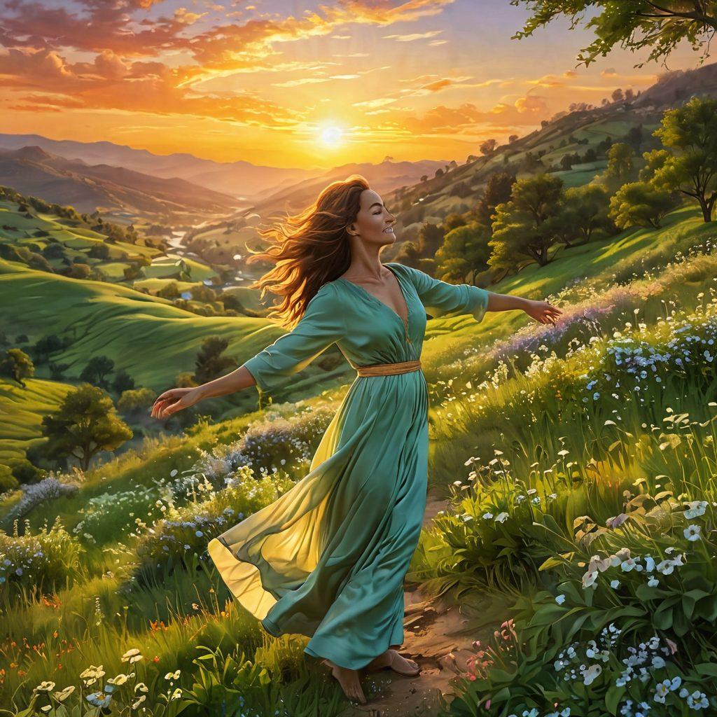 A serene landscape showcasing a lush green valley filled with blooming flowers under a radiant sunset. In the foreground, a woman with a joyful expression dances amidst the blossoms, her hair flowing with the gentle breeze. In the background, a radiant sun casts a warm glow, illuminating the scene with a magical aura. Capturing the essence of happiness and tranquility. vibrant colors. super-realistic.
